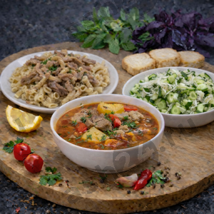 Хашлама, макароны бефстроганов, салат весенний + ASH-комплемент