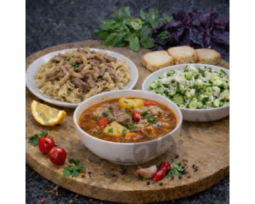 Хашлама, макароны бефстроганов, салат весенний + ASH-комплемент