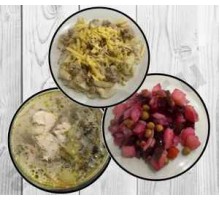 Суп с курицей,сливками и грибами,макароны с мясом и сыром, винегрет+ ASH-комплемент