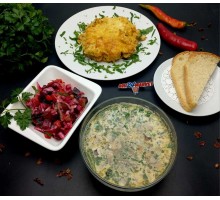 Суп с курицей, сливками и грибами, макароны с мясом и сыром, винегрет + ahs-комплимент