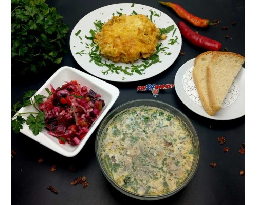 Суп с курицей, сливками и грибами, макароны с мясом и сыром, винегрет + ahs-комплимент