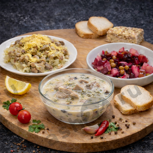 Суп с курицей,сливками и грибами,макароны с мясом и сыром, винегрет+ ASH-комплемент