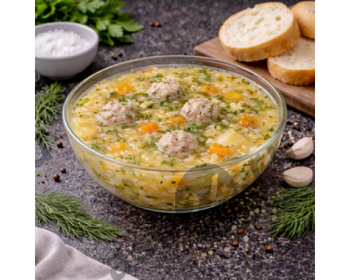 Первые блюда Суп рисовый с фрикадельками (300г)