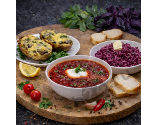 Борщ, картофельные лодочки, свекла с чесноком и майонезом + ASH-комплемент