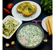 Окрошка, картофельные лодочки, салат из пекинской капусты + ASH-комплемент