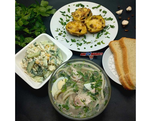 Суп лапша, картофельные лодочки, салат из пекинской капусты+ ahs-комплимент