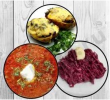 Борщ, картофельные лодочки, свекла с чесноком и майонезом + ASH-комплемент