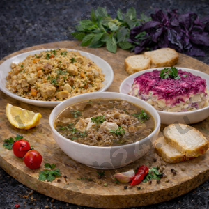 Суп гречневый, плов, сельдь под шубой + ASH-комплемент