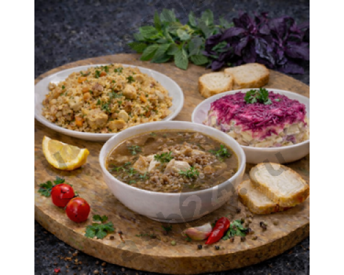 Суп гречневый, плов, сельдь под шубой + ASH-комплемент