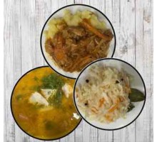 Суп гороховый, пюре с гуляшом, капуста квашеная + ASH-комплемент