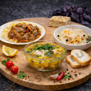 Суп гороховый, пюре с гуляшом, капуста квашеная + ASH-комплемент