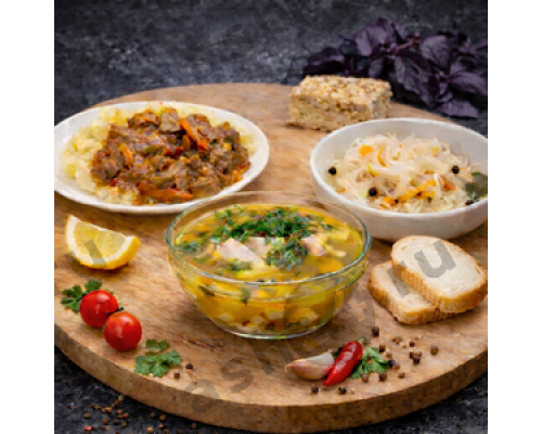 Суп гороховый, пюре с гуляшом, капуста квашеная + ASH-комплемент