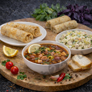 Солянка, блины с начинкой,салат оливье + ash-комплимент