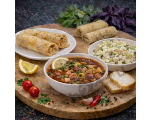 Солянка, блины с начинкой,салат оливье + ash-комплимент