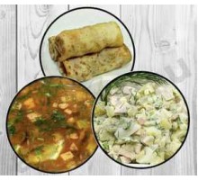 Солянка, блины с начинкой,салат оливье + ash-комплимент