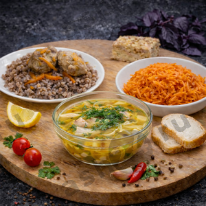 Суп с вермишелью, гречка с тефтелями, салат из моркови с чесноком + ASH-комплимент