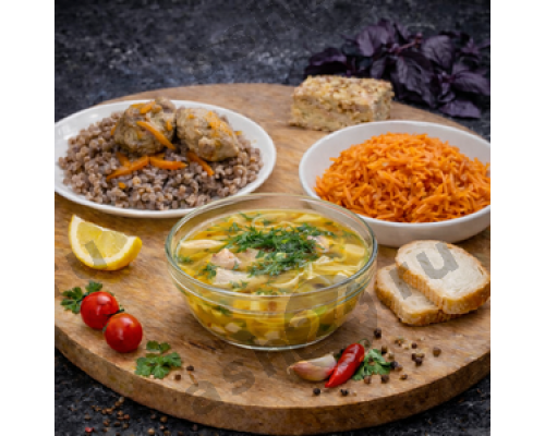 Суп с вермишелью, гречка с тефтелями, салат из моркови с чесноком + ASH-комплимент