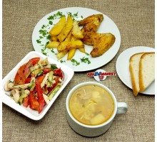 Суп с вермишелью, картофель отварной, куриные крылья, с-т куриный с омлетом + ahs-комплимент