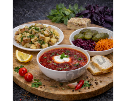 Борщ со сметаной, картофель с подчеревком, соленья ассорти + ASH-комплемент