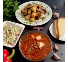 Борщ, картофель с подчеревком, салат витаминный с краб. палочками + ASH-комплемент