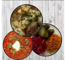 Борщ со сметаной, картофель с подчеревком, соленья ассорти + ASH-комплемент