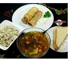 Суп солянка, блины с начинкой, салат оливье + ASH-комплемент