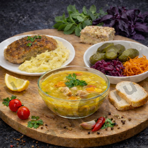 Суп гороховый, картофельное пюре + котлета, салат из солений, ASH-комплемент