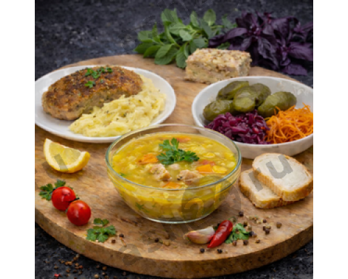 Суп гороховый, картофельное пюре + котлета, салат из солений, ASH-комплемент