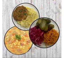 Суп гороховый, картофельное пюре + котлета, салат из солений, ASH-комплемент