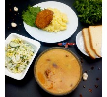 Суп гороховый, картофель отварной + котлета, салат зеленый , ASH-комплемент
