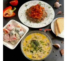 Суп с курицей, сливками и грибами, гречка с тефтелями, салат из овощей + ASH-комплемент