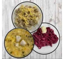 Суп рисовый с фрикадельками, макароны с куриным филе, свекла с чесноком и майонезом, ASH-комплемент