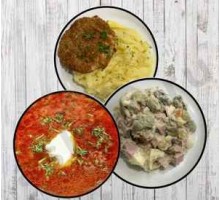 Борщ со сметаной, картофельное пюре с котлетой, салат оливье + ASH-комплемент