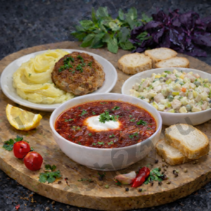 Борщ со сметаной, картофельное пюре с котлетой, салат оливье + ASH-комплемент