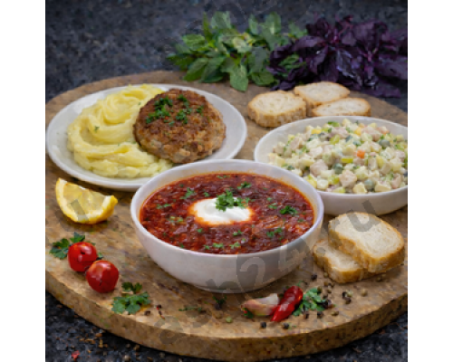 Борщ со сметаной, картофельное пюре с котлетой, салат оливье + ASH-комплемент